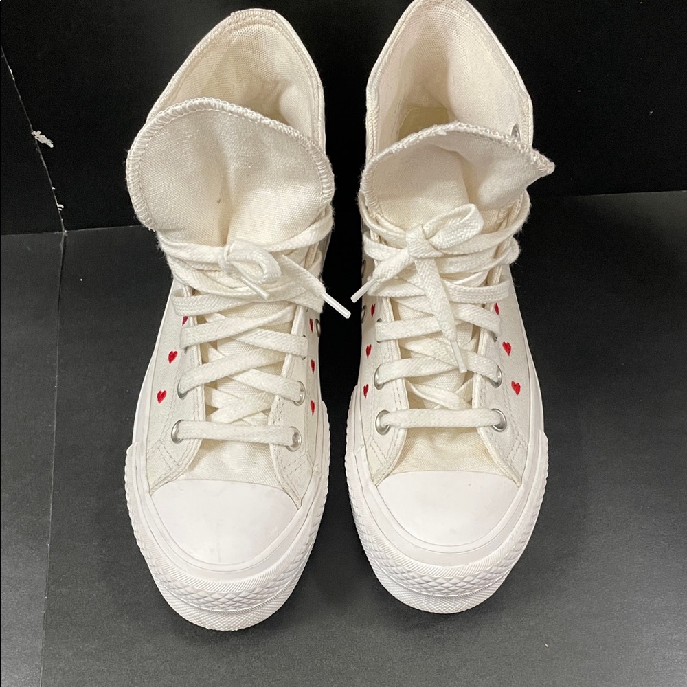 Converse White High-Top Sneakers with Red Heart Details
